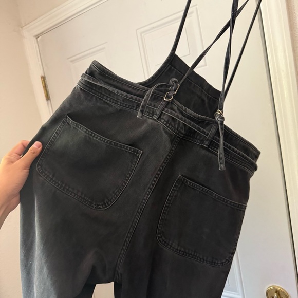 ULLA JOHNSON washed black cotton denim straight leg cropped overalls - Picture 5 of 7